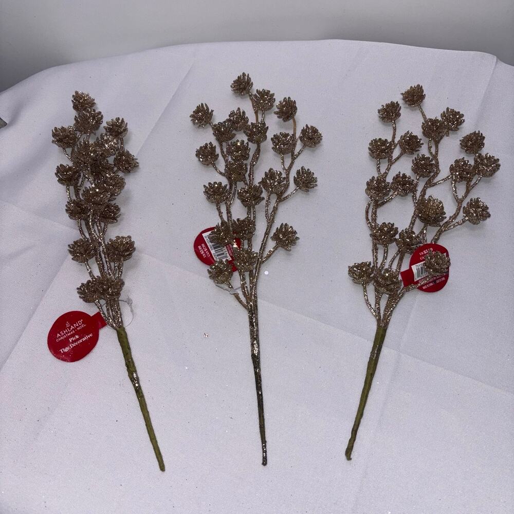 Glittery Gold Artificial Pine Cone Stems - Lot of 3